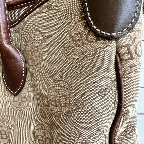Dooney & Bourke DB Logo Double Handle Tote Brown Fabric Leather Accents